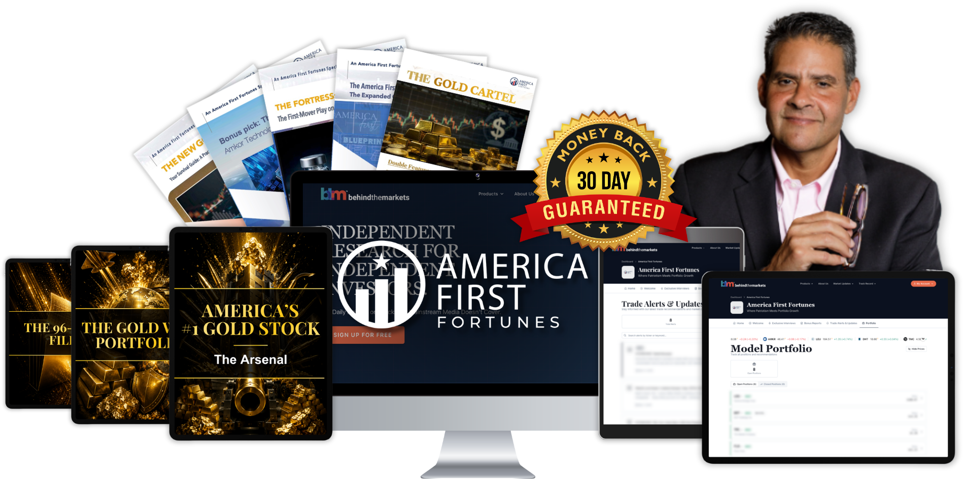 Behind the Markets membership package: bonus reports, dashboard, and 6-month money-back guarantee